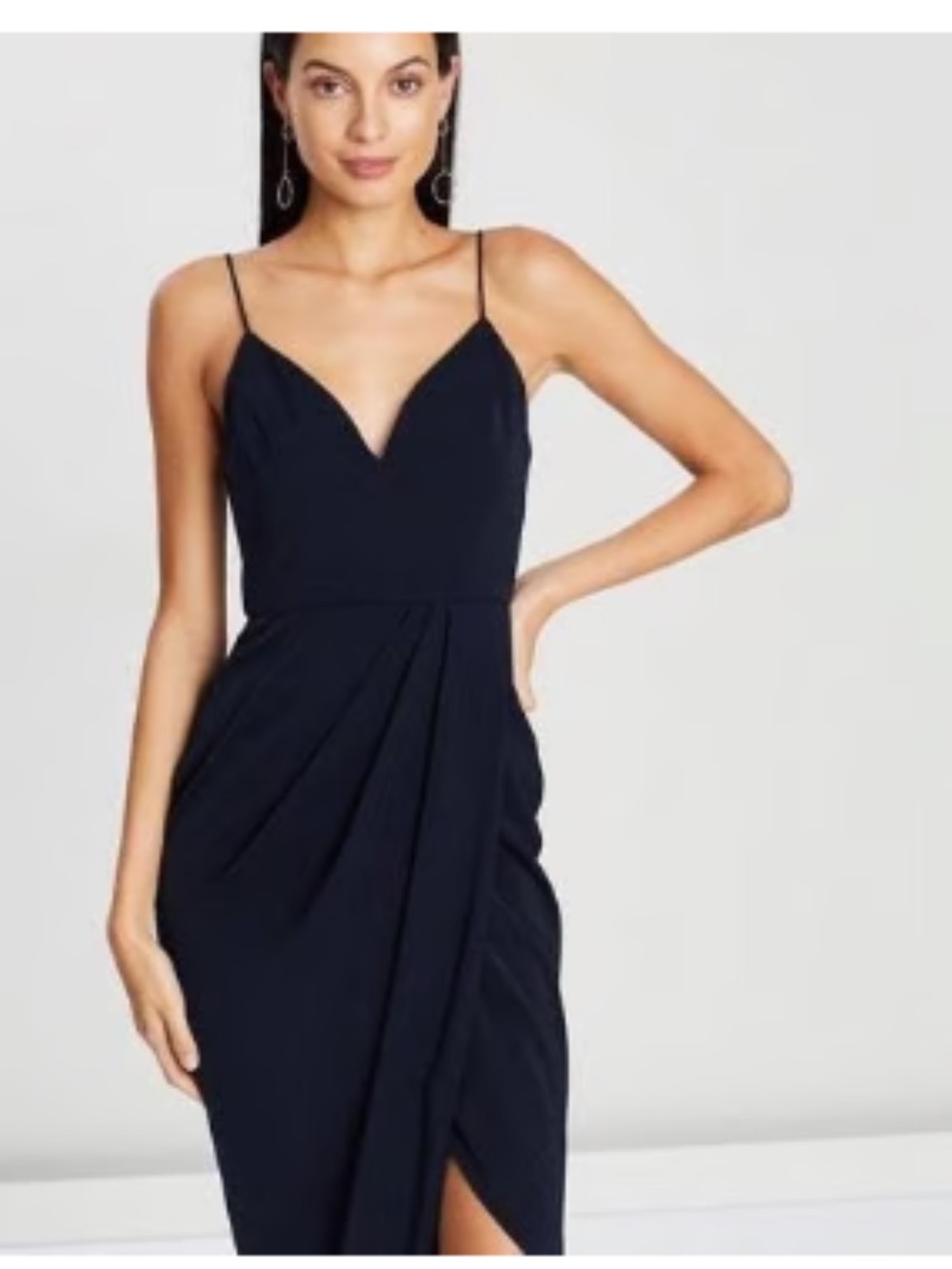 Shona Joy US 2 Navy Draped Maxi Dress Spaghetti Strap Wrap Formal Gown Core